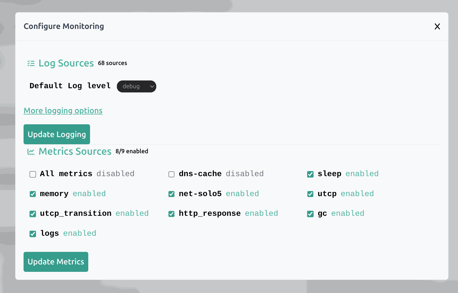 List of log sources and metrics
