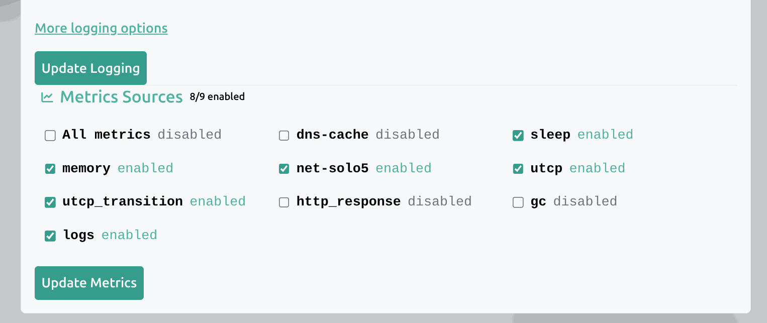 List of log sources and metrics