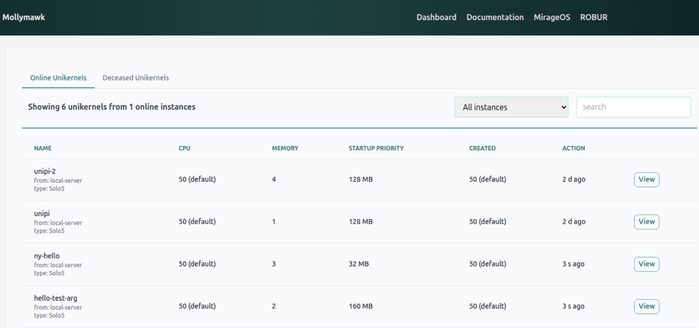 Online unikernels tab